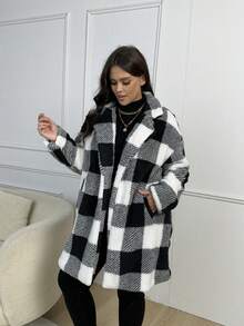 SHEIN CURVE+ Hơn Họa tiết kẻ sọc trâu Thả vai Áo khoác Teddy - màu đen - Xem 4