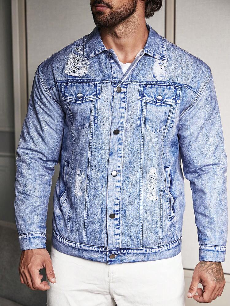 Men Distressed Flap Pocket Teddy Lined Jacket
