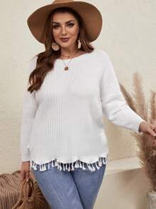 SHEIN VCAY Plus Drop Shoulder Fringe Hem Sweater - White - View 3