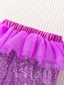 SHEIN Glamorique Kids 女大童亮片拼接荷葉邊短款上衣和美人魚網紗邊半身裙 - 紫羅蘭色 - 查看 4