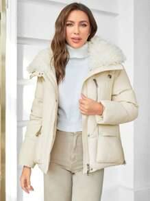 GASMAN Flap Pocket Fuzzy Trim Hooded Padded Coat - Beige - View 1