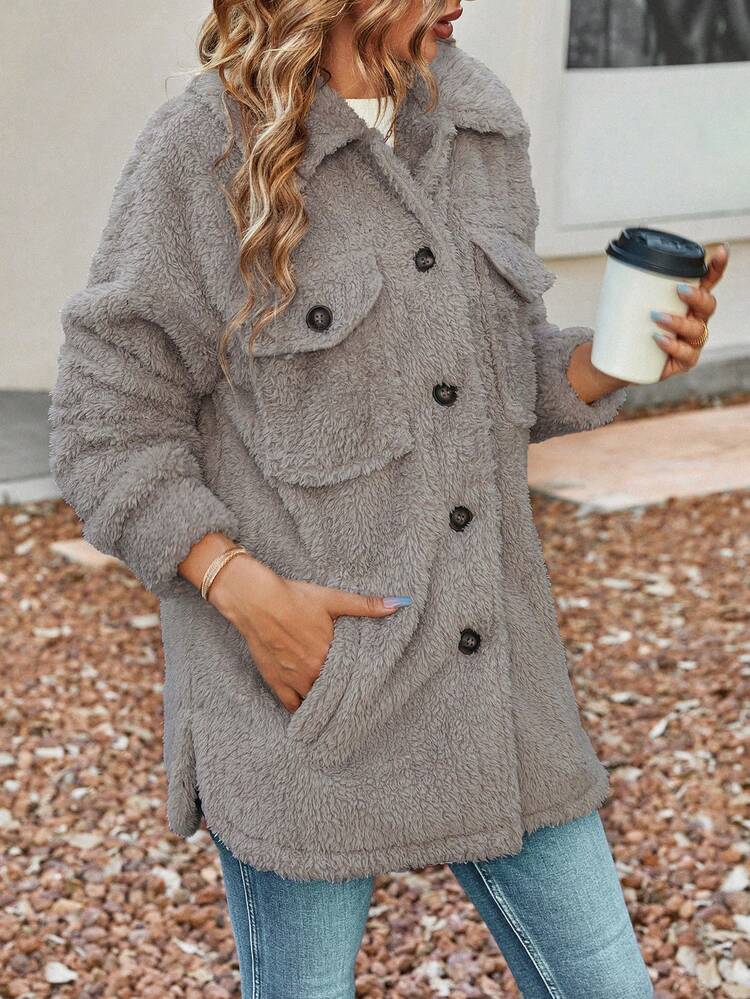 Flap Pocket Drop Shoulder Teddy Coat