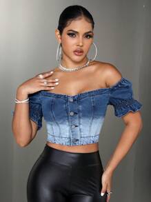 SHEIN SXY 一字肩荷葉袖短款牛仔上衣 - 中等水洗藍 - 查看 4