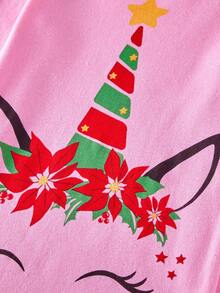 Young Girl Unicorn Print Tee & Pants PJ Set - Pink - View 3