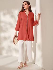 Mulvari 缺口領拼接邊下擺開叉襯衫 - 鏽棕色 - 查看 5