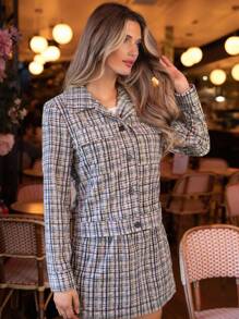 SHEIN Frenchy Plaid Pattern Button Front Tweed Overcoat - Multicolor - View 7