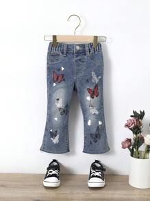 Baby Girl Butterfly Print Ripped Flare Leg Jeans - Medium Wash - View 1