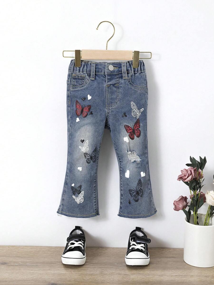 Baby Girl Butterfly Print Ripped Flare Leg Jeans - Medium Wash - View 1
