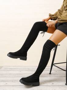 Ladies' Suede Over-the-knee Boots With Lace-up And Tight Fitting Design - Black - View 1