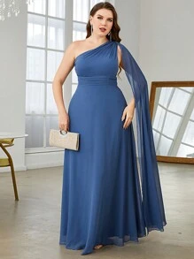 Plus One Shoulder Extra-Long Sleeve Chiffon Bridesmaid Dress - Dusty Blue - View 1