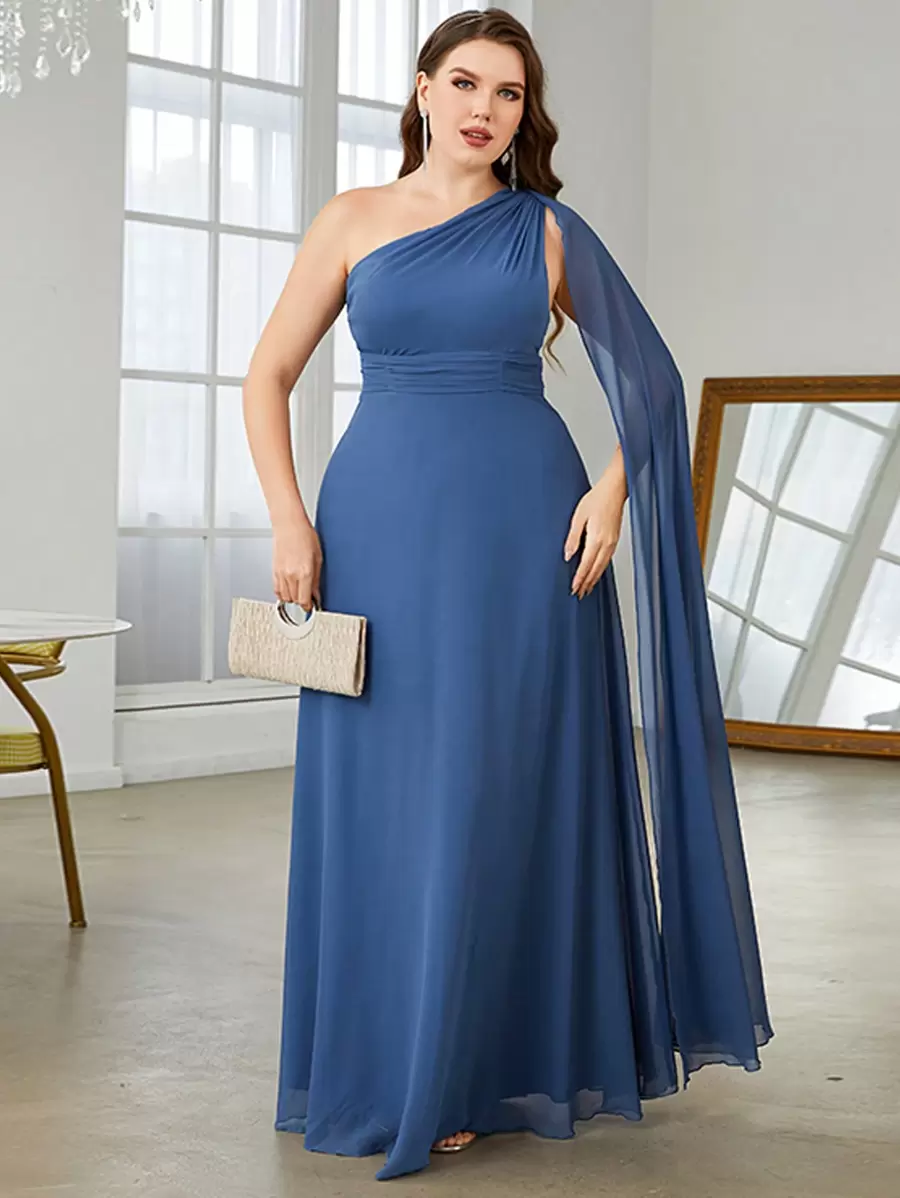 Plus One Shoulder Extra-Long Sleeve Chiffon Bridesmaid Dress - Dusty Blue - View 1