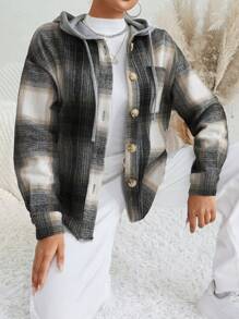 SHEIN Essnce 格紋印花落肩袖抽繩連帽外套 - 黑與白 - 查看 6