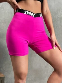 SHEIN EZwear 腰部字母條帶騎行褲 - 玫紅色 - 查看 4