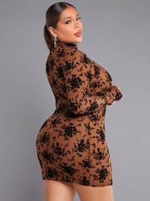 SHEIN SXY Vestido Bodycon De Cuello Alto Y Malla Con Estampado Floral Y Flocado, Atuendo Sexy Para Mujeres En El Club O En Fiestas De Año Nuevo
