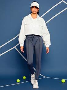 VARSITIE 素色腰部抽繩緊身打底褲 - 灰色 - 查看 2