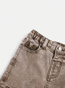 SHEIN Young Boy Flap Pocket Cargo Jeans - Coffee Brown - View 4