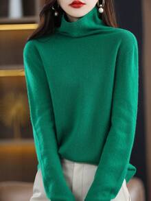 女式 100% 美利奴羊毛无缝毛衣高领秋冬保暖柔软针织复古毛衣长袖针织套头衫上衣 - 綠色 - 查看 3