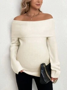 SHEIN Thai sản Gấp lại Off Shoulder Áo len - trắng - Xem 4