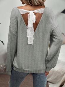 SHEIN Frenchy Contrast Lace Tie Back Drop Shoulder Sweatshirt - Grey - View 2