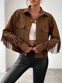 SHEIN Privé 翻蓋口袋流蘇邊落肩袖夾克 - 棕色 - 查看 1