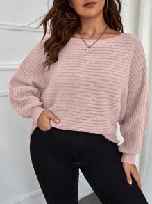 SHEIN LUNE Áo len nữ cỡ lớn màu trơn cổ thuyền tay cánh dơi, kiểu dáng đơn giản và thanh lịch cho mùa thu/đông. - Hồng - Xem 3