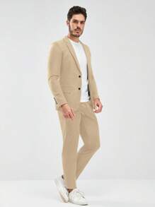 GENTILAND 男士西裝領翻蓋細節西裝外套和褲子套裝 - 杏色 - 查看 4