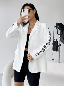 SHEIN Unity 字母圖案單排釦西裝外套 - 白色 - 查看 1