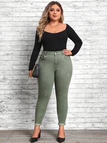 SHEIN LUNE Plus High Waist Ripped Skinny Jeans - Army Green - View 4