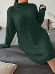 Flirla 大碼高領落肩袖毛衣洋裝 - 綠色 - 查看 5
