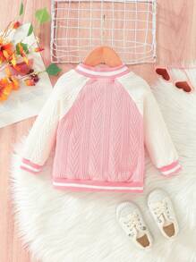 女嬰字母貼布插肩袖條紋飾邊撞色學院風夾克 - 淺粉色 - 查看 2