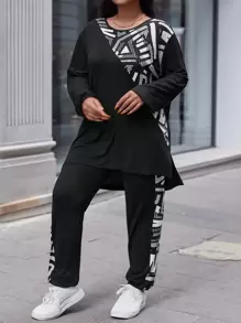 EURMUSE Plus Letter Graphic Tee & Sweatpants - Black and White - View 3