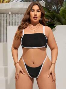 SHEIN Swim Curve Summer Plus Size Contrast Binding Bikini Set - Black - View 5