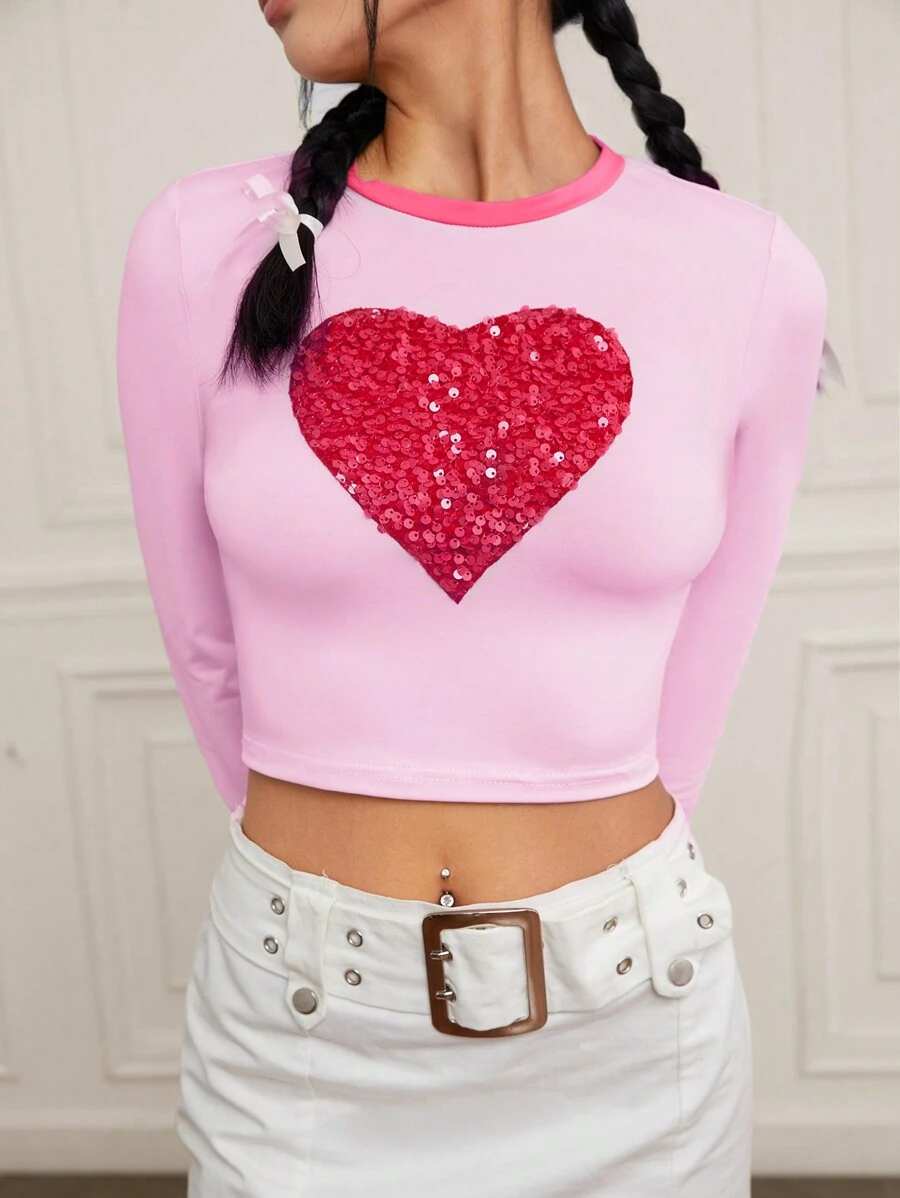 Muchica In Trái tim Tương phản Sequin Áo phông Crop - Hồng - Xem 1