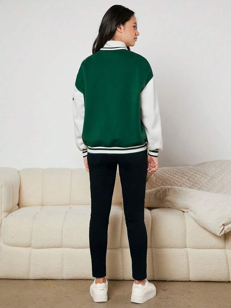 Teen Girl Letter Patched Striped Trim Drop Shoulder Varsity Jacket