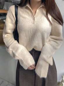 DAZY 纯色落肩毛衣、长袖上衣、秋装 - 杏色 - 查看 6