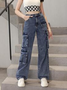 Teen Girl Flap Pocket Cargo Jeans - Dark Wash - View 1