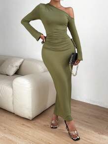 Allurite Asymmetrical Neck Drawstring Side Ruched Split Sleeve Bodycon Dress