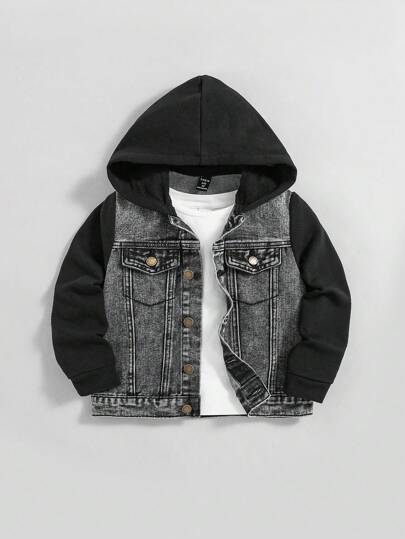 SHEIN Mali chłopcy 1 szt Szczegóły klapy Z Kapturem Kurtka dżinsowa