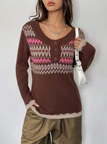 Muchica Mẫu Geo Nút phía trước Áo len - Nhiều màu - Xem 1