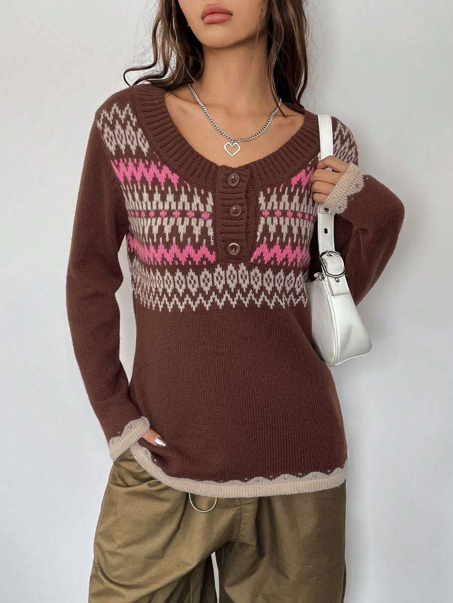 Muchica Mẫu Geo Nút phía trước Áo len - Nhiều màu - Xem 1