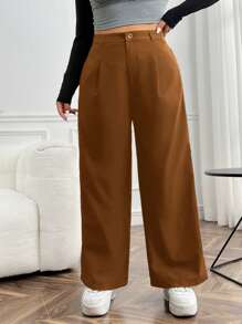 SHEIN EZwear 大碼褶皺闊腿褲 - 棕色 - 查看 1