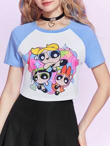 The Powerpuff Girls | ROMWE 卡通圖案插肩袖T恤 - 藍色 - 查看 2