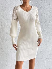 SHEIN Frenchy Ren tương phản Tay áo lồng đèn Đồ đan Ribbed Váy len bó sát - Màu be - Xem 3