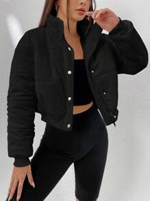 SHEIN EZwear 纯色拉链短款夹棉大衣 - 黑色 - 查看 6