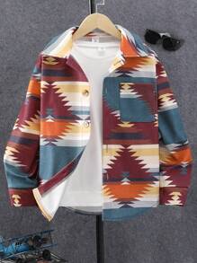 SHEIN Tween Boy Geo Print Patched Pocket Overcoat Without Tee - Multicolor - View 1