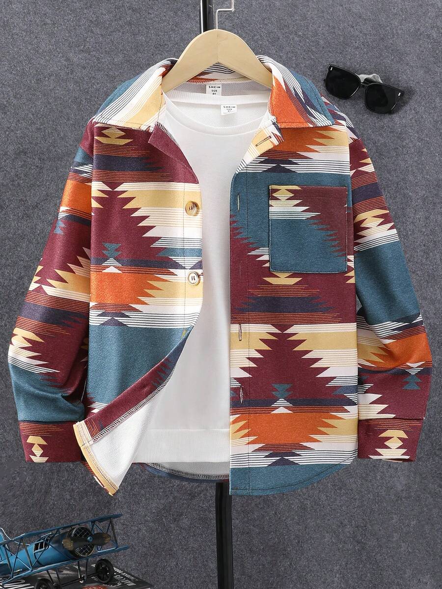 SHEIN Tween Boy Geo Print Patched Pocket Overcoat Without Tee - Multicolor - View 1