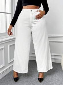 SHEIN EZwear Hơn Cao eo quần ống rộng Quần jean - trắng - Xem 1