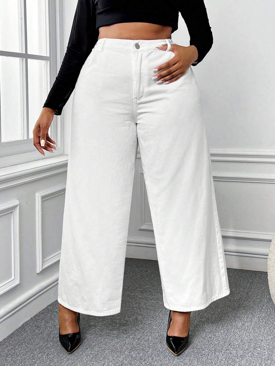 SHEIN EZwear Hơn Cao eo quần ống rộng Quần jean - trắng - Xem 1