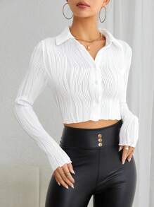 SHEIN EZwear 素色前紐扣短款T恤 - 白色 - 查看 5