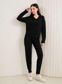 Mulvari Thả vai Dây rút áo có mũ Áo len & Quần dệt kim - màu đen - Xem 1